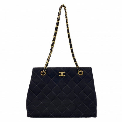 Chanel Shoulder Bag Quilted Cotton Black Gold