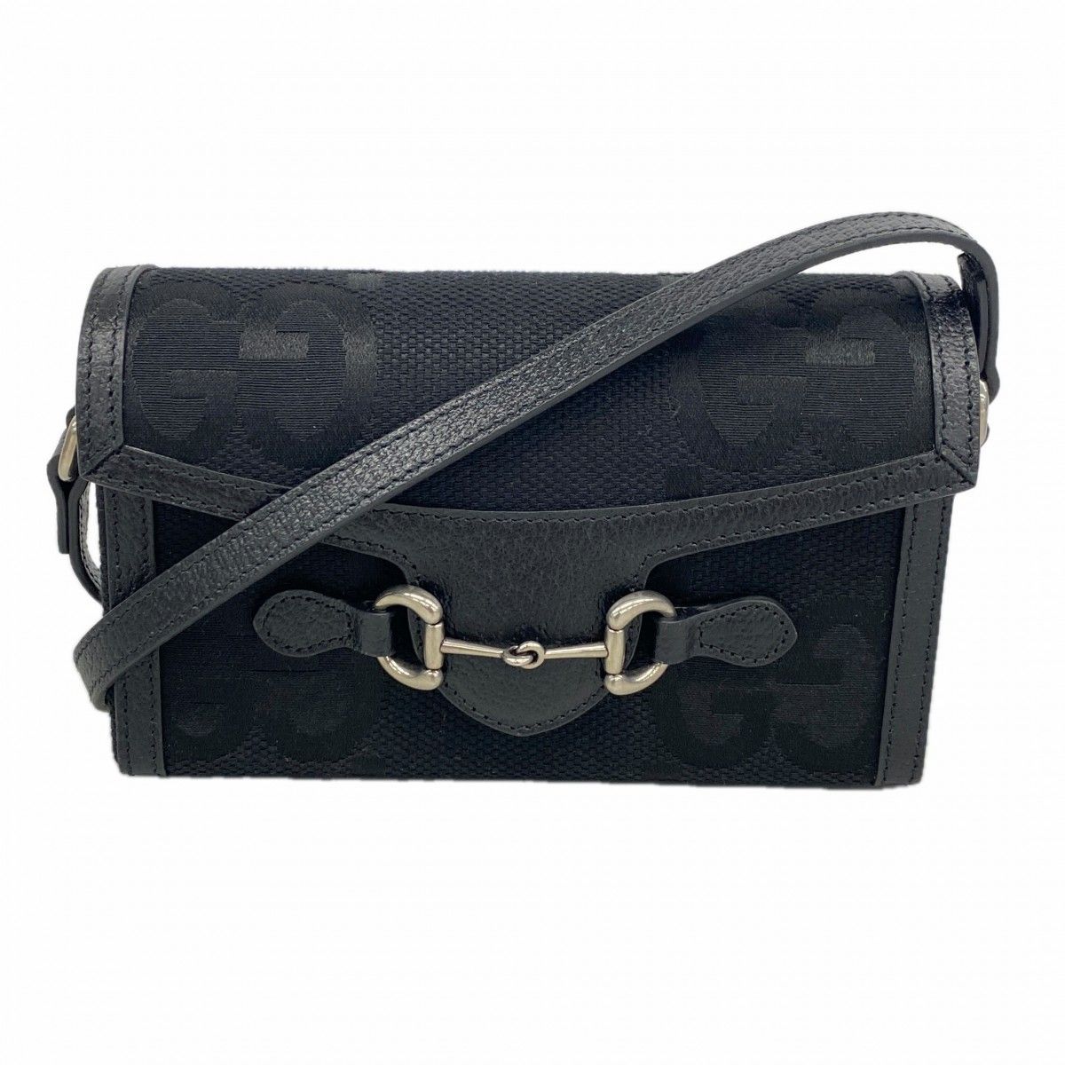 Gucci Shoulder Bag Horsebit Jumbo GG Canvas Black Silver