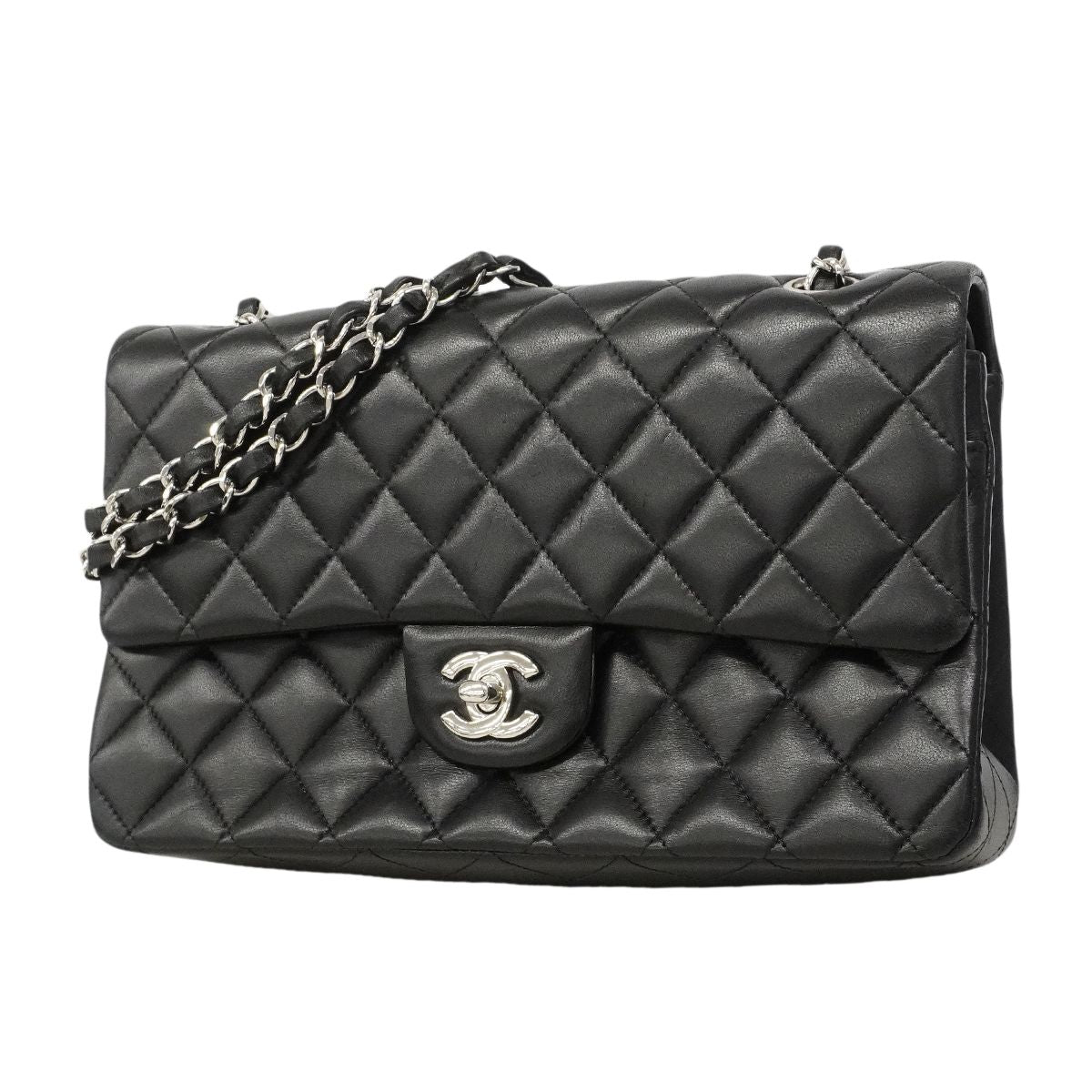 Chanel Shoulder Bag Quilted Lambskin Black Silver