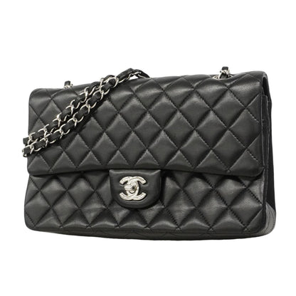 Chanel Shoulder Bag Quilted Lambskin Black Silver