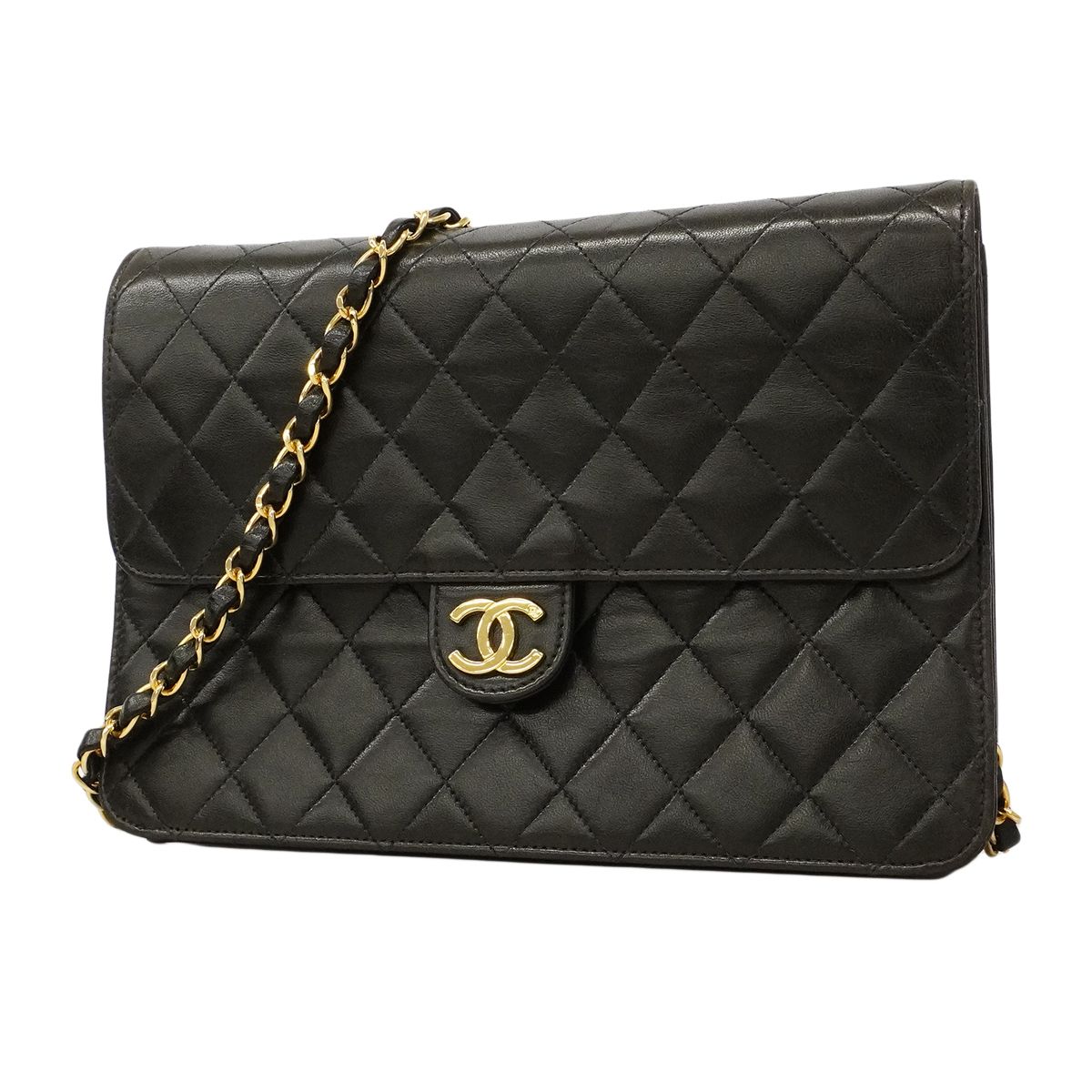 Chanel Shoulder Bag Quilted Lambskin Black Gold