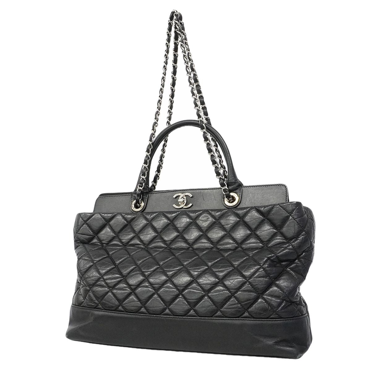 Chanel Handbag Quilted Leather Black Silver 2-Way