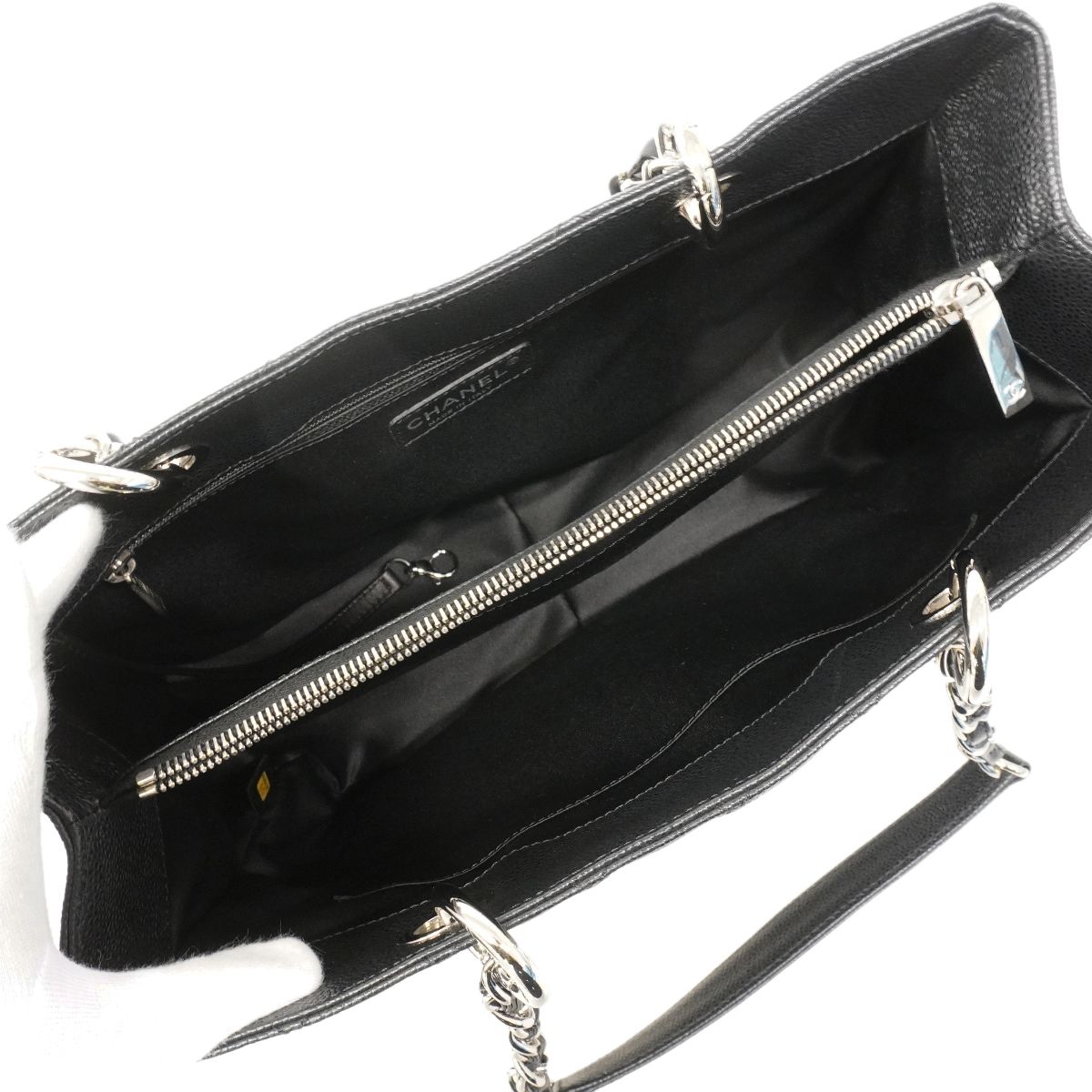 Chanel Chain Tote Quilted Caviar Leather Black Silver — view 4