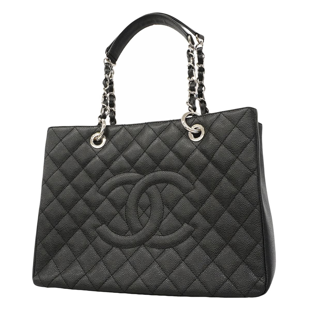 Chanel Chain Tote Quilted Caviar Leather Black Silver