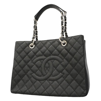 Chanel Chain Tote Quilted Caviar Leather Black Silver