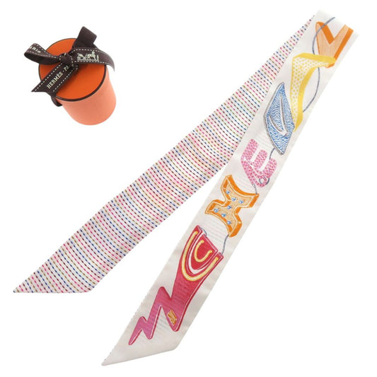 Hermes Twilly Chevalo Scope Neon Scarf Silk Blanc