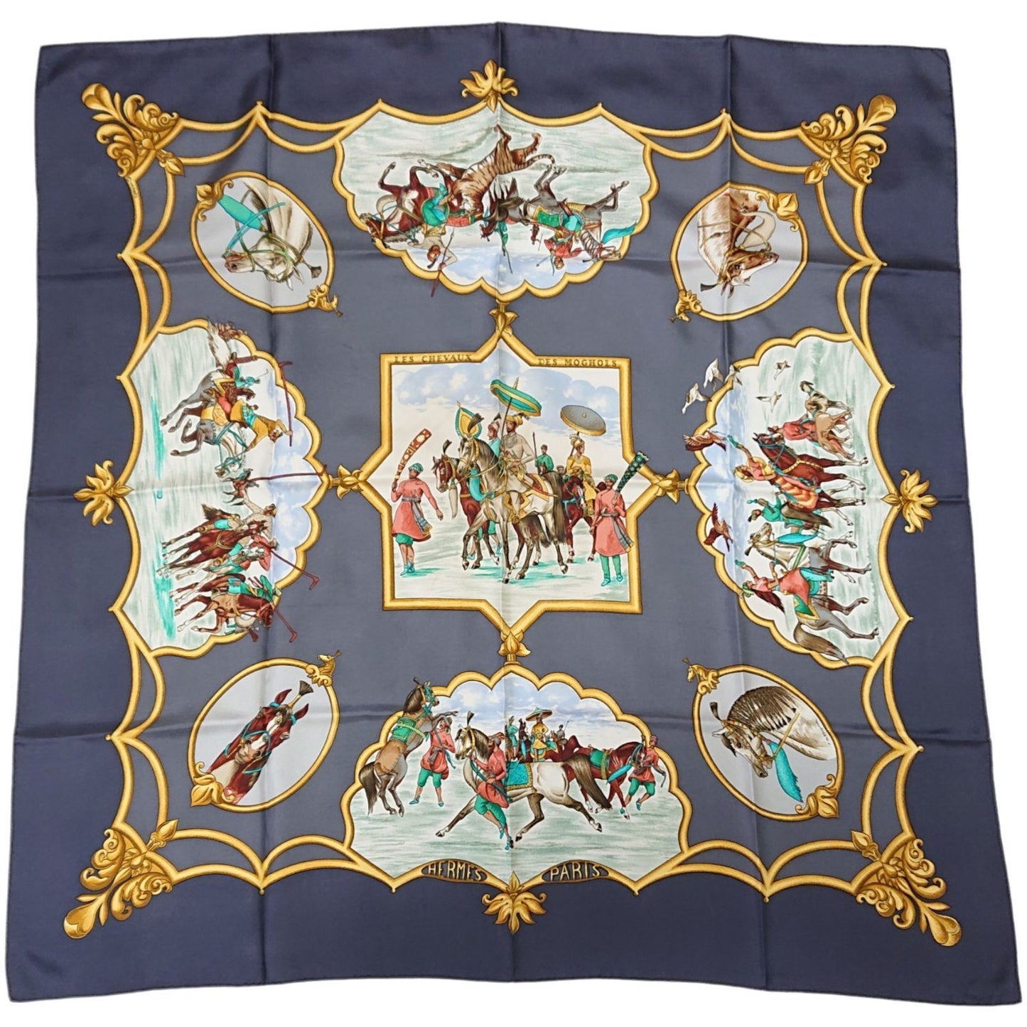 Hermes Carre 90 les Chevaux Des Moghols Silk Scarf Gray 1993