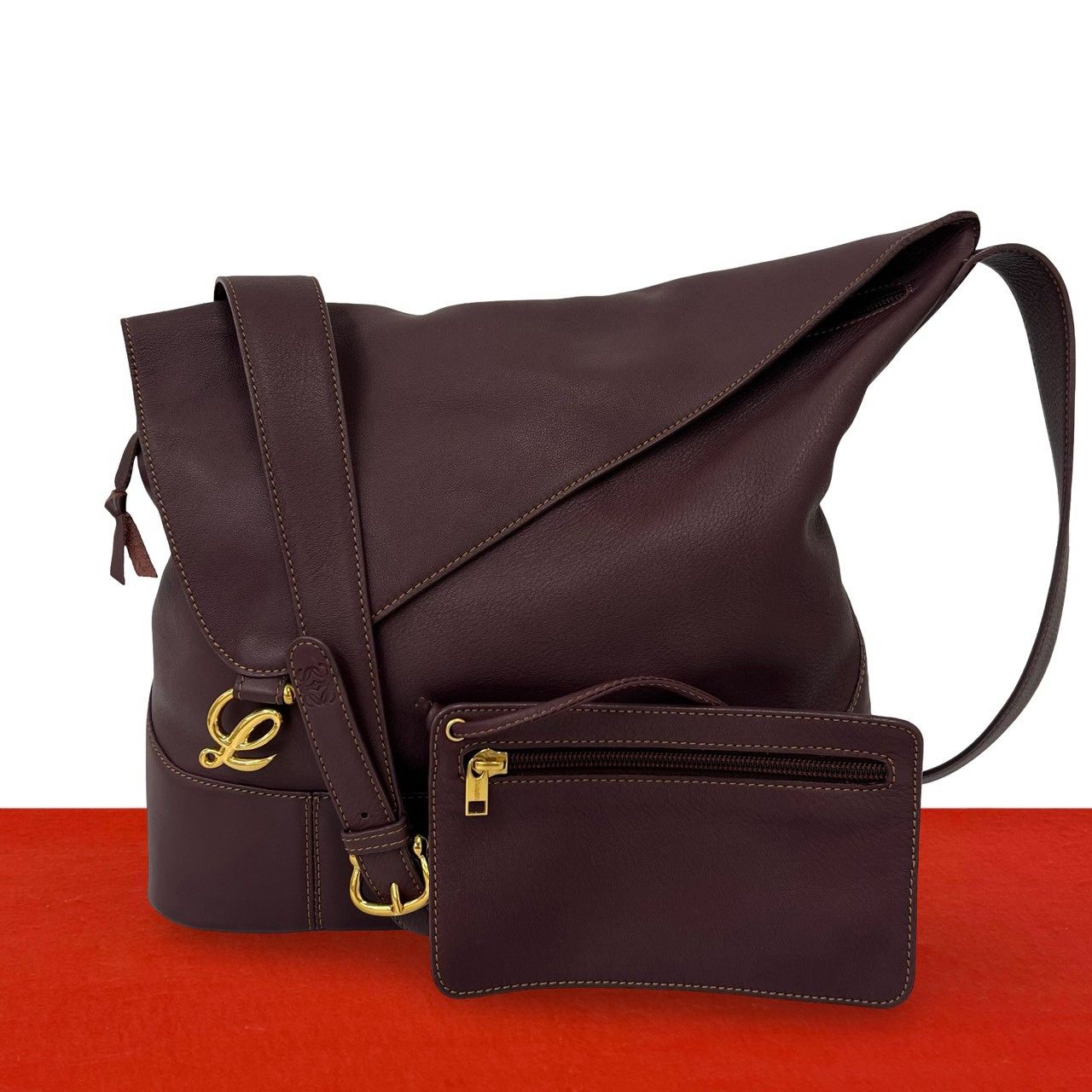 Loewe Vintage Anton Logo Leather Shoulder Bag Wine