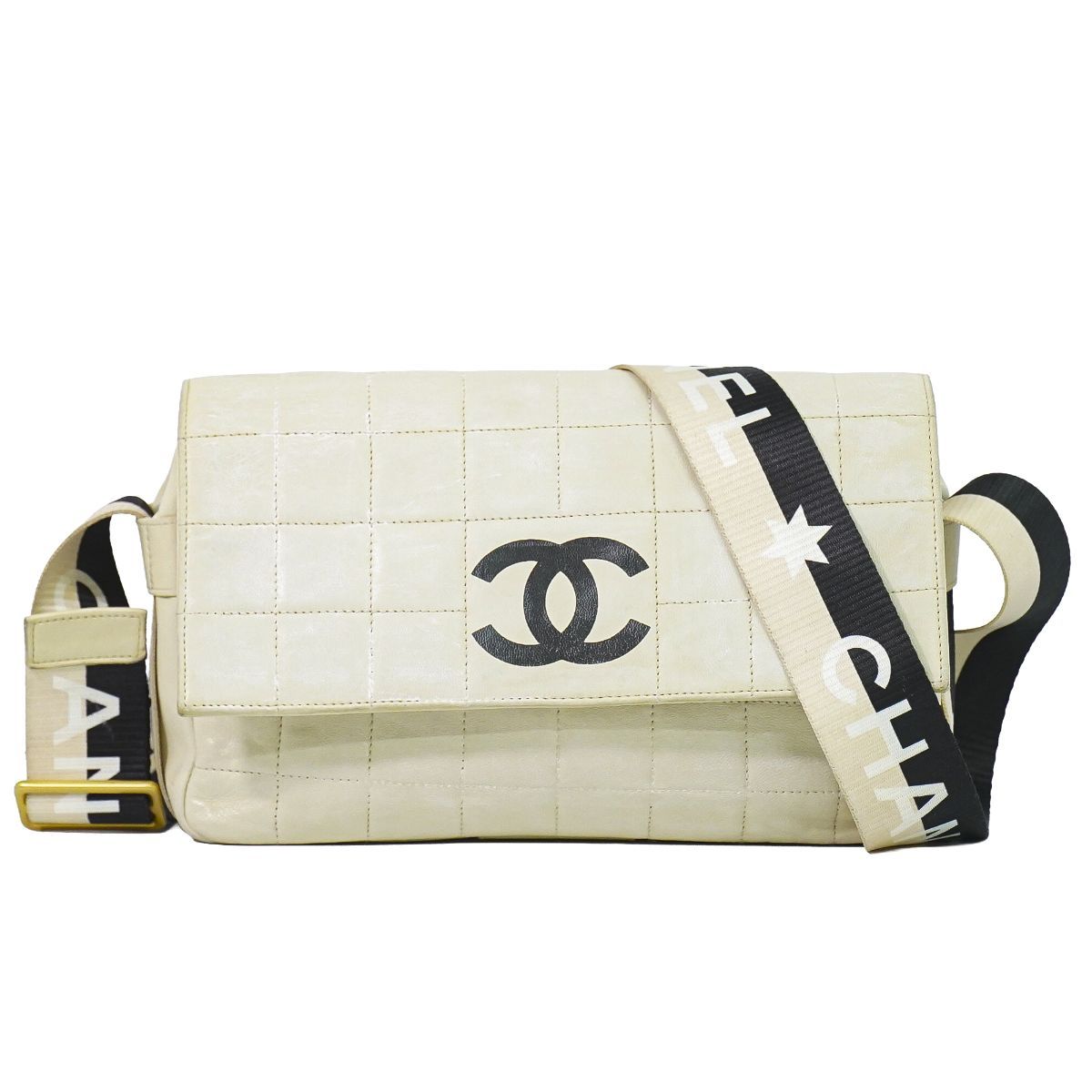 Chanel Chocolate Bar Line CC Logo Shoulder Bag Pochette Leather White Bar Second