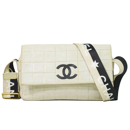 Chanel Chocolate Bar Line CC Logo Shoulder Bag Pochette Leather White Bar Second