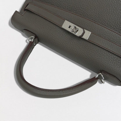 Hermes Kelly 35 Tote Shoulder Bag Taurillon Clemence Etain Rouge Casaque Gray — view 4