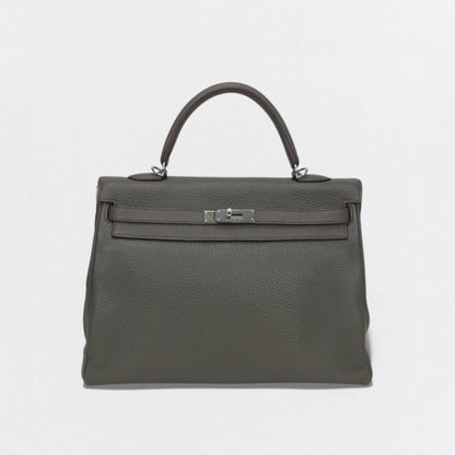 Hermes Kelly 35 Tote Shoulder Bag Taurillon Clemence Etain Rouge Casaque Gray