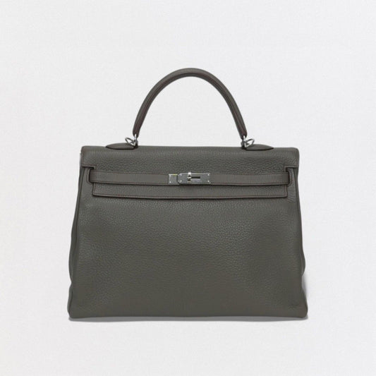 Hermes Kelly 35 Tote Shoulder Bag Taurillon Clemence Etain Rouge Casaque Gray