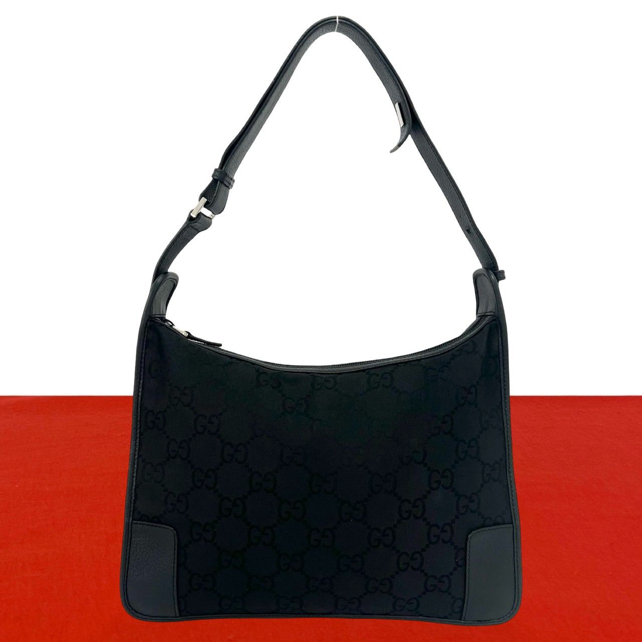Gucci GG Logo Pattern Canvas Leather Shoulder Bag Tote Black