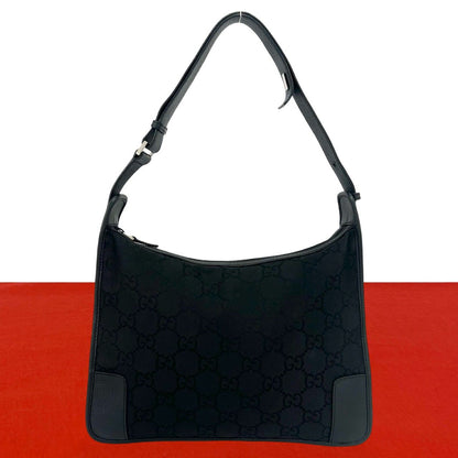 Gucci GG Logo Pattern Canvas Leather Shoulder Bag Tote Black