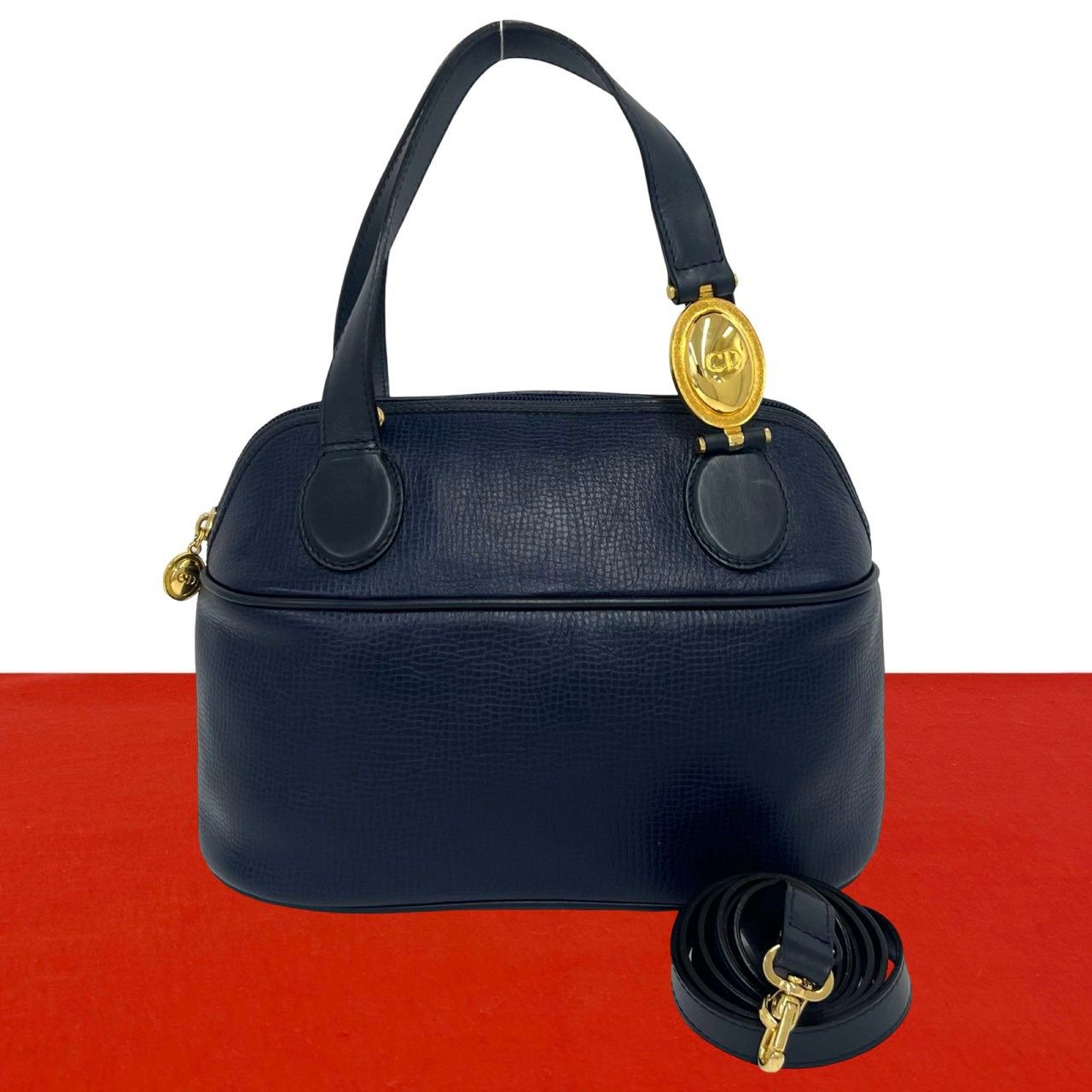 Dior Vintage CD Logo Leather 2-Way Shoulder Bag Navy