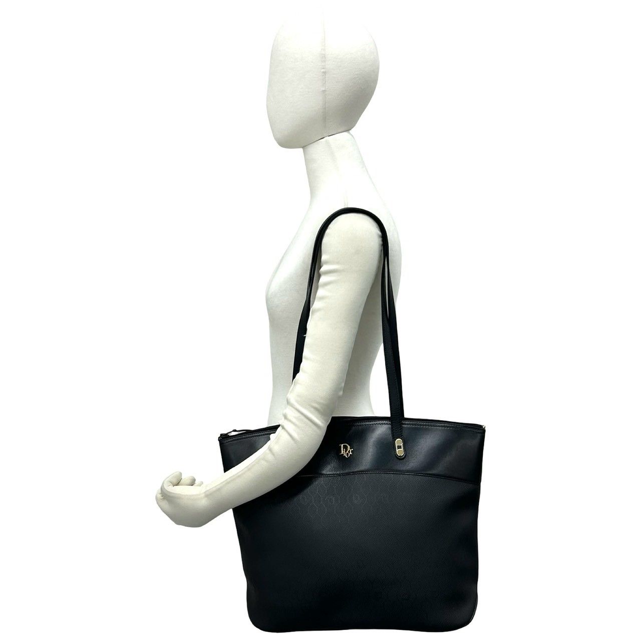 Dior Vintage Honeycomb Logo Leather Tote Shoulder Bag Black — view 2