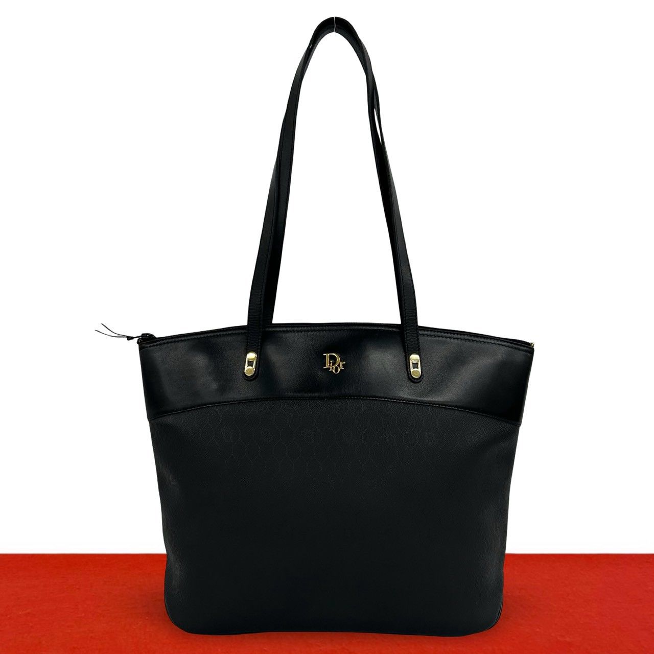 Dior Vintage Honeycomb Logo Leather Tote Shoulder Bag Black