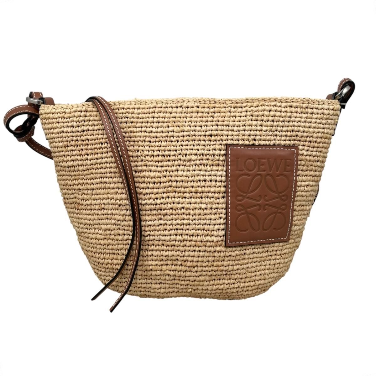 Loewe Shoulder Bag Slit Pochette Raffia Calfskin Anagram Logo Patch Natural