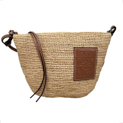 Loewe Shoulder Bag Slit Pochette Raffia Calfskin Anagram Logo Patch Natural