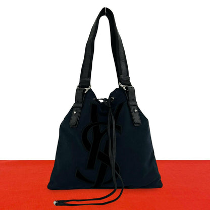 Saint Laurent Vintage YSL Logo Canvas Leather Velour Drawstring Handbag Navy