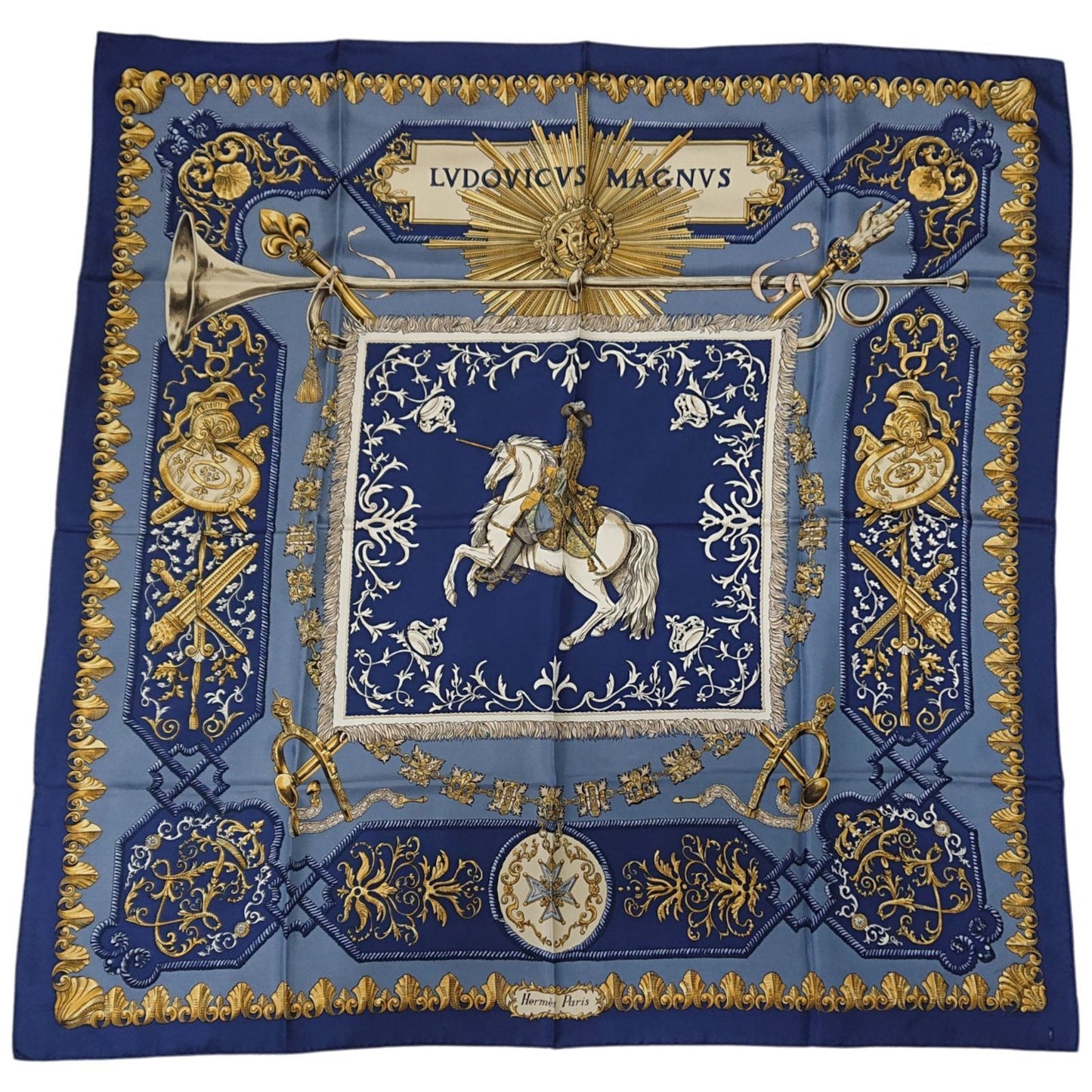 Hermes Carre 90 LV Dovicvs Magnvs Silk Scarf Blue