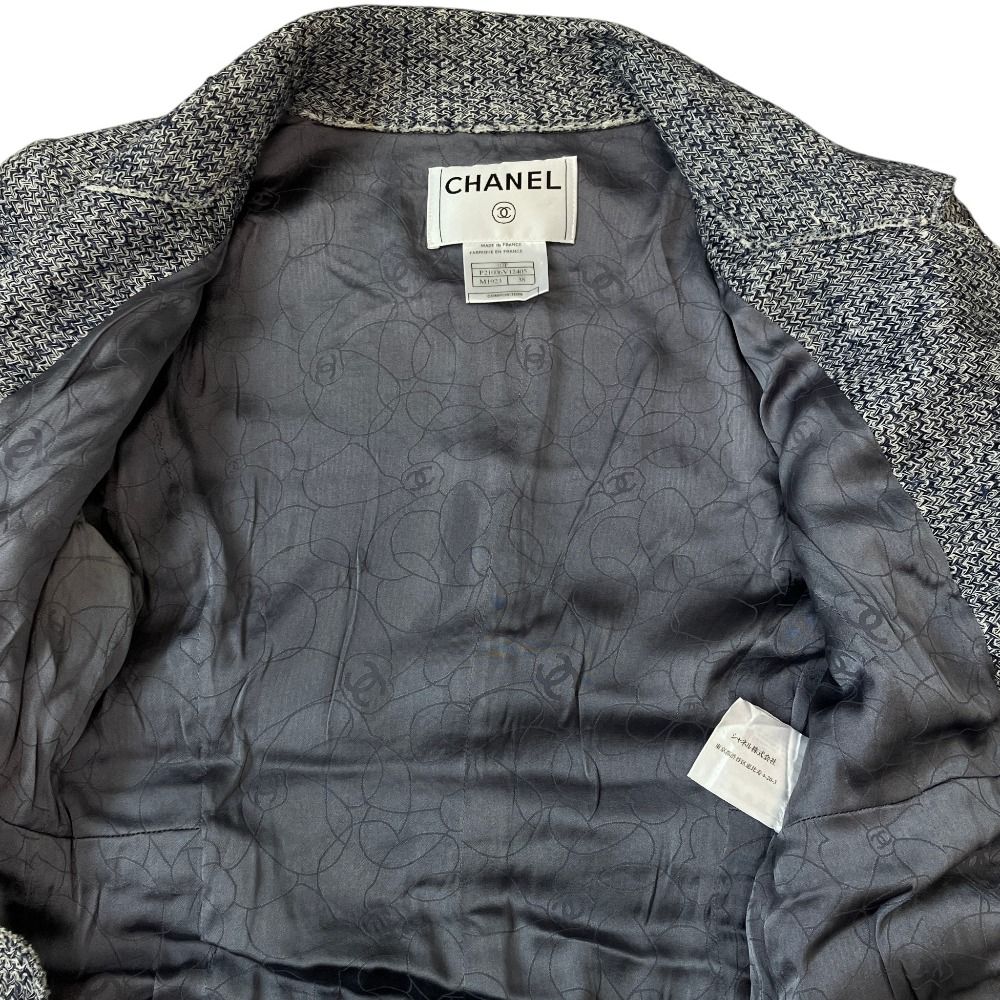 Chanel Lining Camellia CC Logo Button Linen Summer Tweed Jacket 38 Navy — view 8