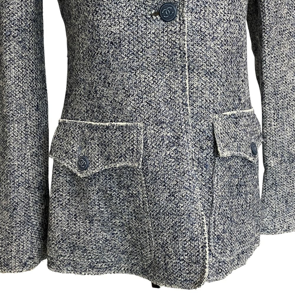 Chanel Lining Camellia CC Logo Button Linen Summer Tweed Jacket 38 Navy — view 6