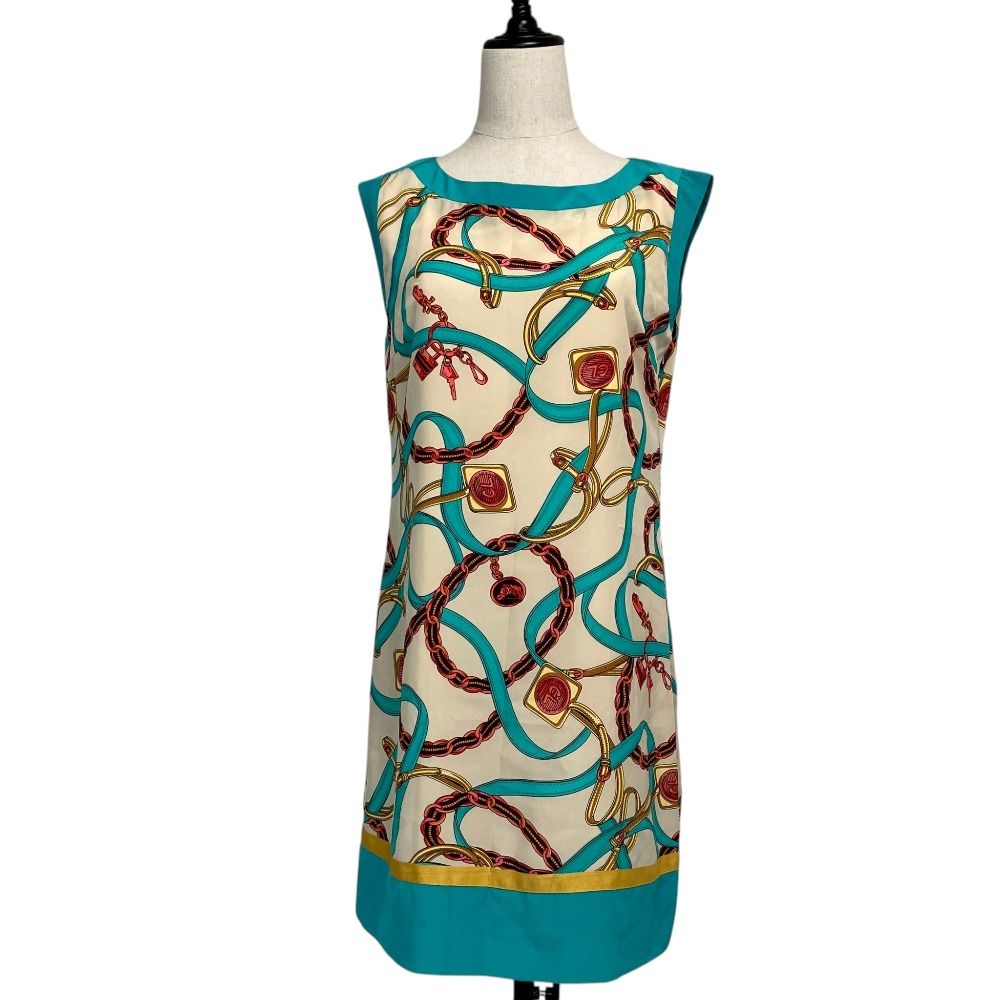 Celine Phoebe Philo Era Scarf Pattern Sleeveless Dress 38 Beige Light Blue