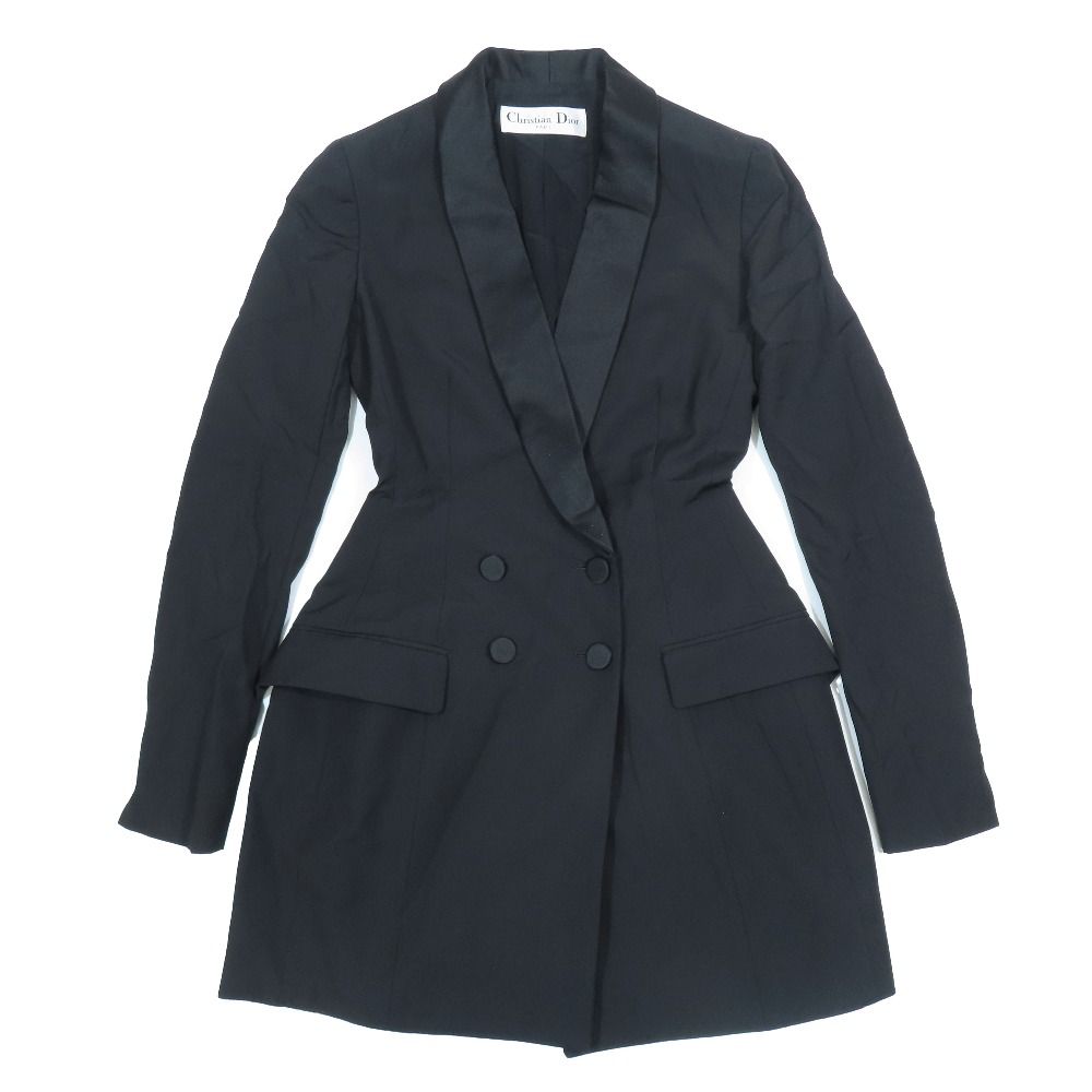 Dior Double Breasted Shawl Color Long Smoking Jacket Chesterfield 36 Black