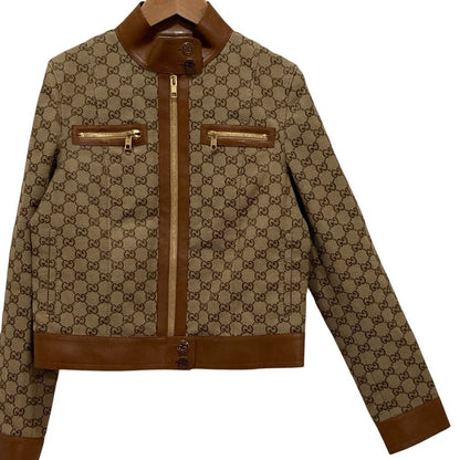 Gucci GG Canvas Leather Trim Rider's Jacket 38 Brown Beige — view 3