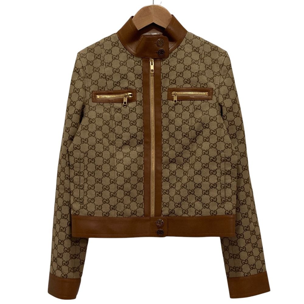 Gucci GG Canvas Leather Trim Rider's Jacket 38 Brown Beige
