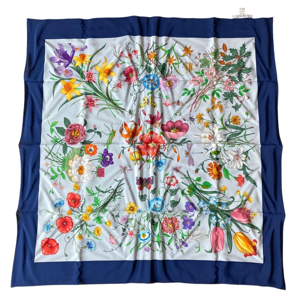 Gucci Flora Print Silk Scarf Navy