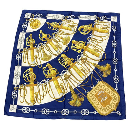 Hermes Carre 90 Julia Abadie Cliquetis Ticking Sword Handle Large Scarf Navy