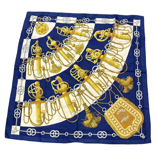 Hermes Carre 90 Julia Abadie Cliquetis Ticking Sword Handle Large Scarf Navy