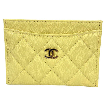 Chanel Caviar Leather CC Logo Quilted Classic Card Case Light Yellow