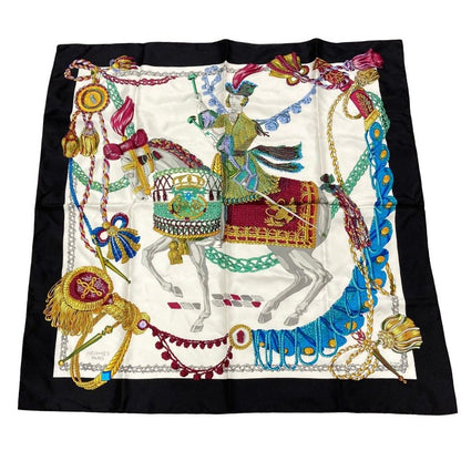 Hermes Carre 90 Timpani Player le Timbalier Silk Scarf Black White