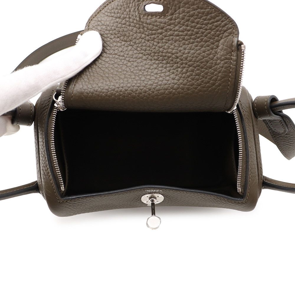 Hermes Handbag Lindy Mini Vert Roden Silver Taurillon Clemence 2-Way — view 5
