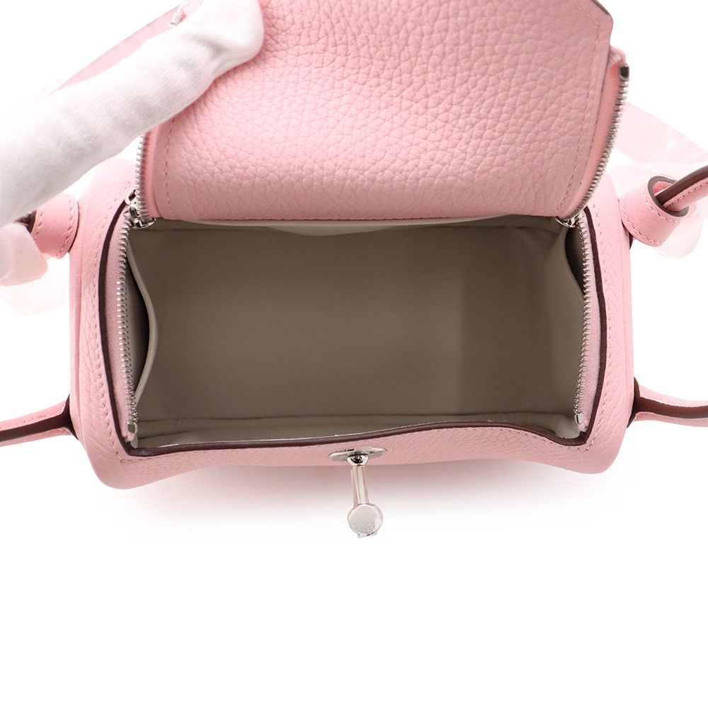 Hermes Handbag Lindy Mini Verso Rose Sakura Gray Spail Silver Taurillon — view 5