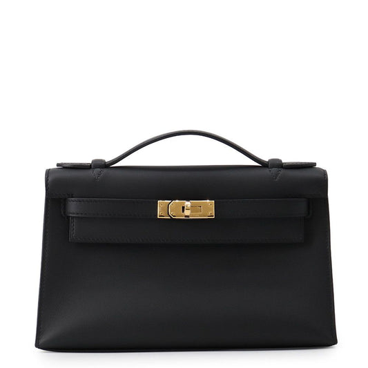 Hermes Handbag Pochette Kelly Black Gold Swift
