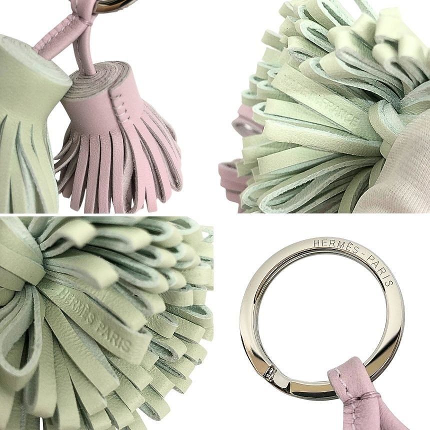 Hermes Carmen Unodos Key Holder Key Ring Fringe Charm Leather Mauve Pere Vert — view 3