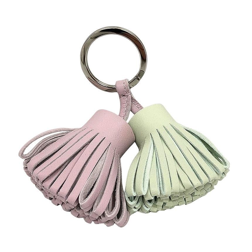 Hermes Carmen Unodos Key Holder Key Ring Fringe Charm Leather Mauve Pere Vert