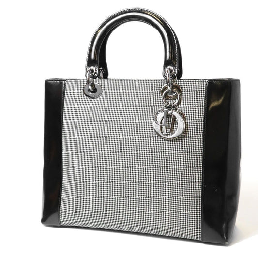 Dior Lady Dior Canvas Patent Handbag Black Gray