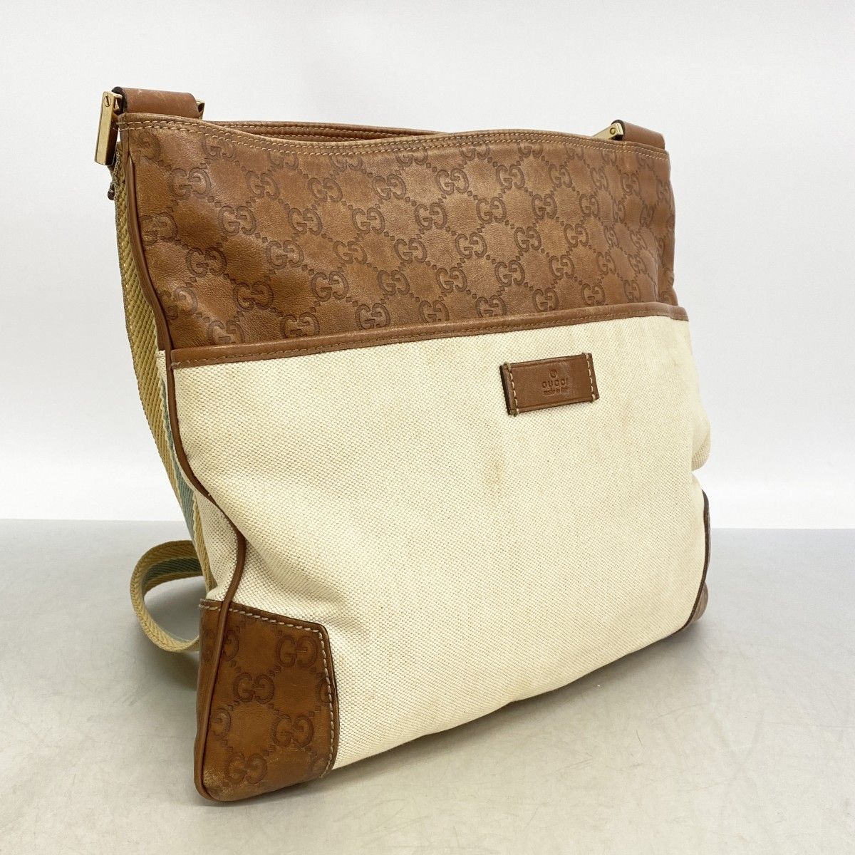 Gucci Shoulder Bag Guccissima Canvas Leather Brown Beige Chien Panning Gold — view 2