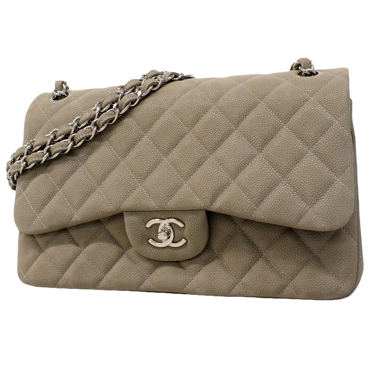 Chanel Shoulder Bag Maxi Quilted Caviar Leather Gray Silver