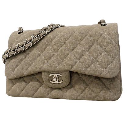 Chanel Shoulder Bag Maxi Quilted Caviar Leather Gray Silver