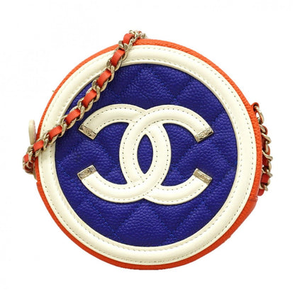 Chanel Shoulder Bag CC Caviar Leather Blue Red Chien Panning Gold