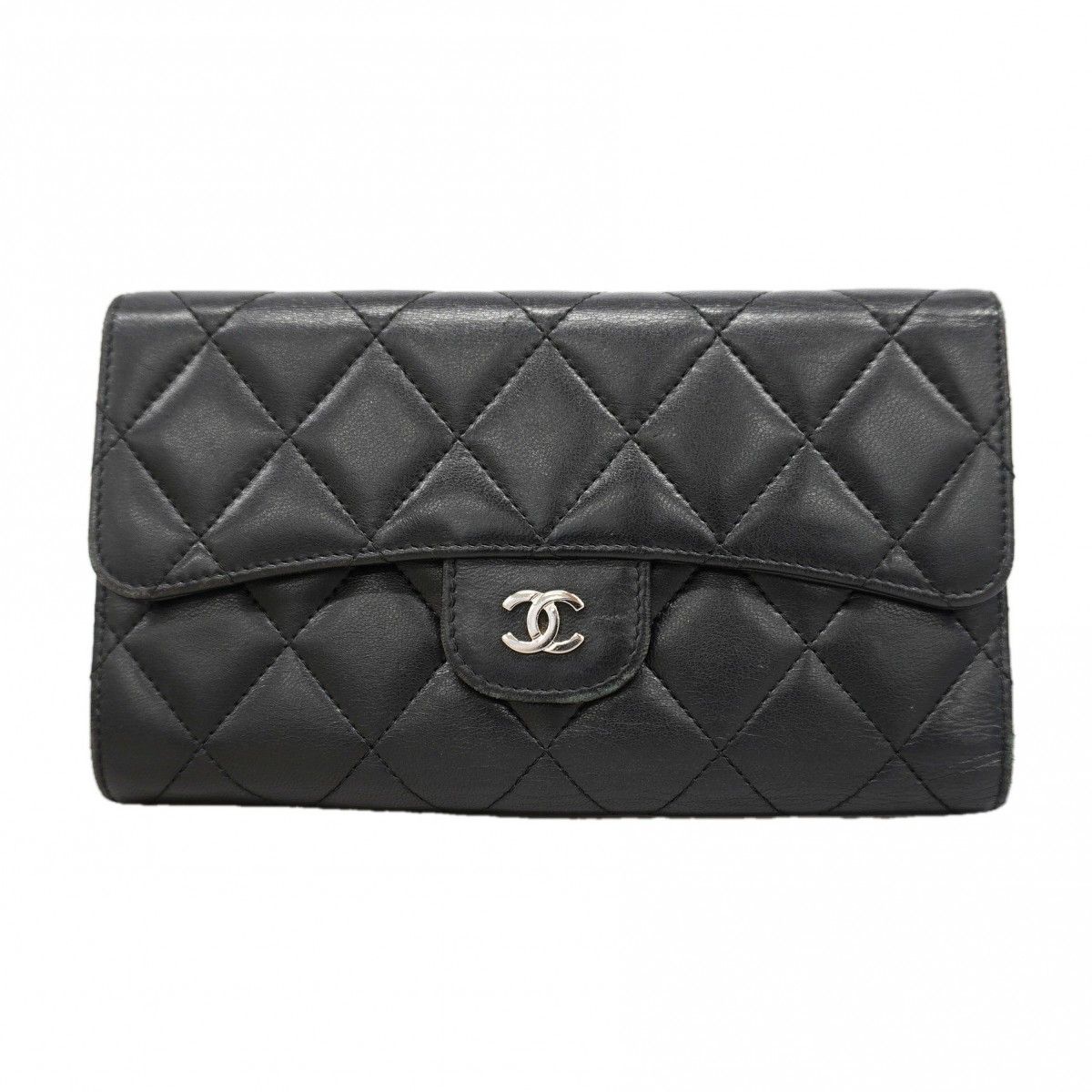 Chanel Trifold Wallet Quilted Lambskin Black Silver