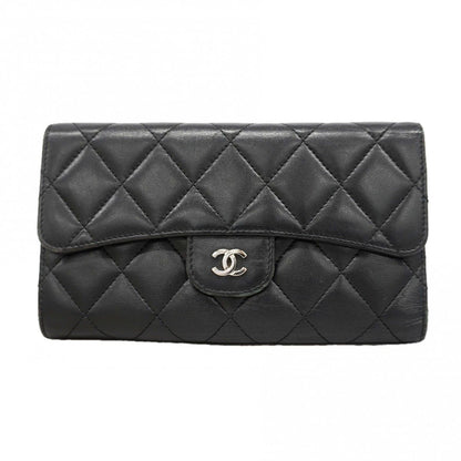 Chanel Trifold Wallet Quilted Lambskin Black Silver