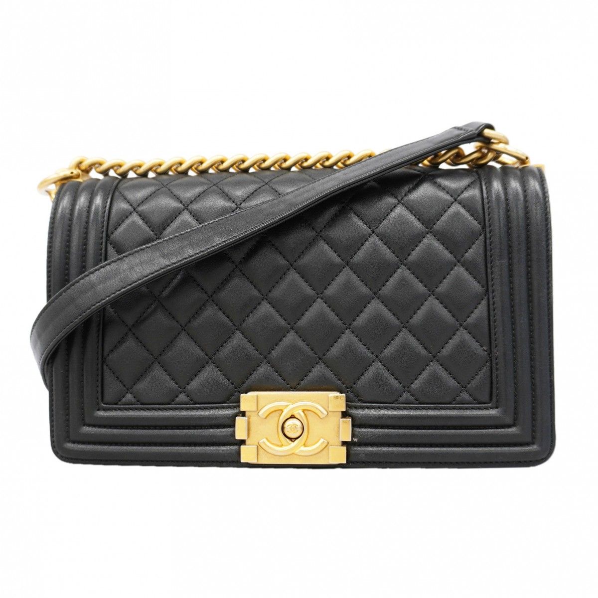 Chanel Shoulder Bag Boy Lambskin Black Gold
